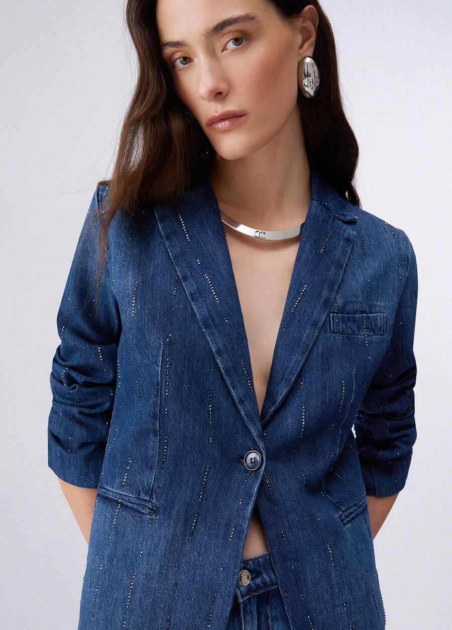 blazer in denim con strass