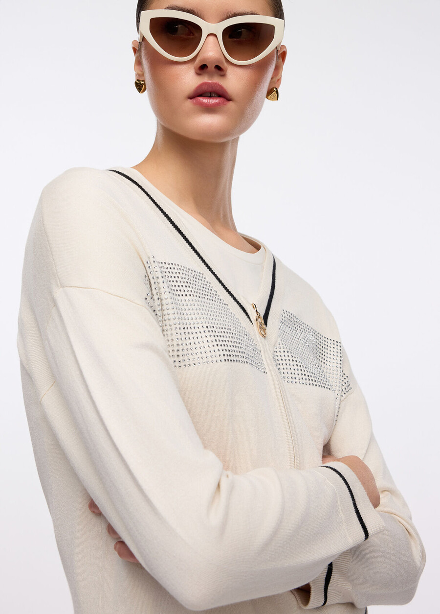 cardigan con cerniera e strass
