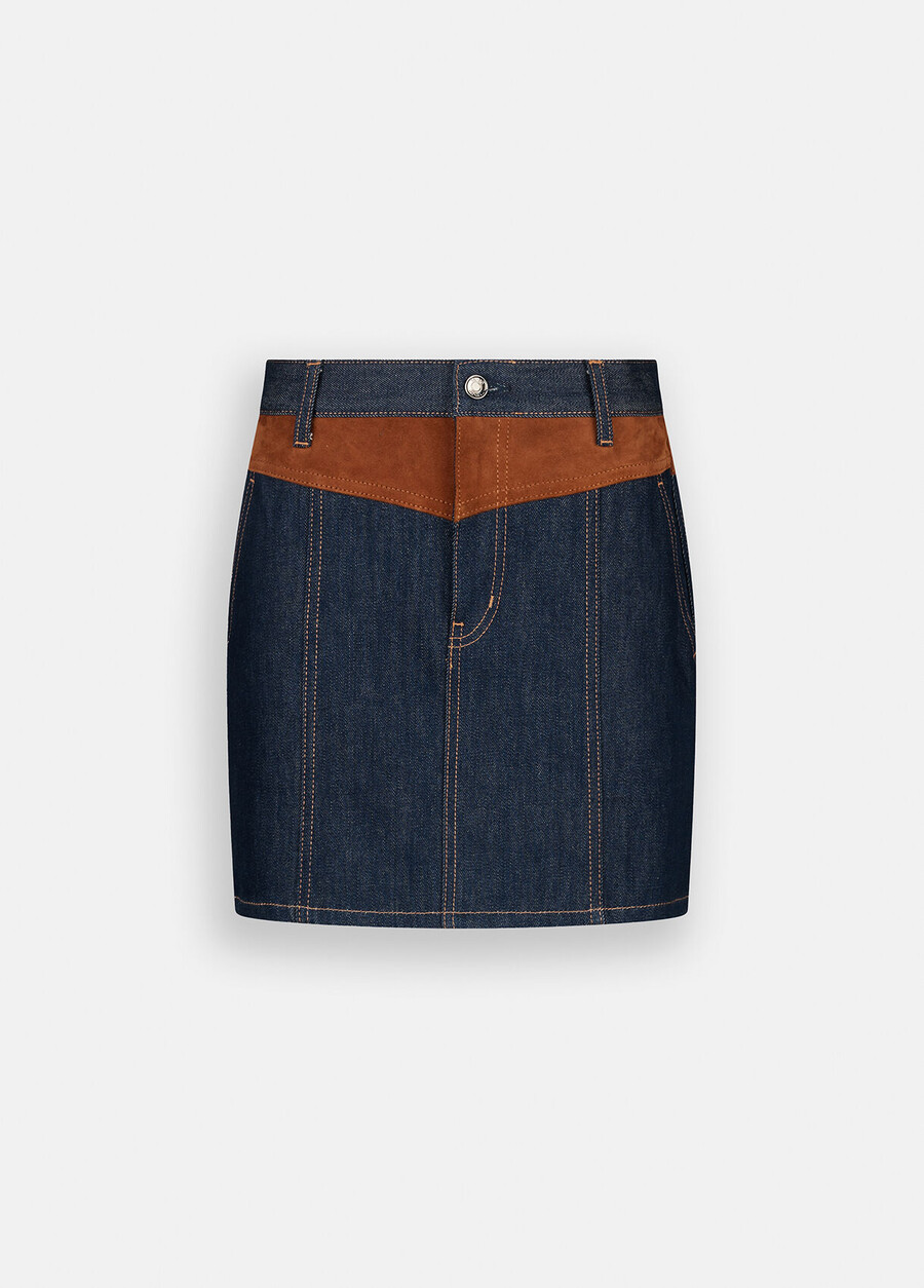 minigonna in denim con inserto in pelle scamosciata